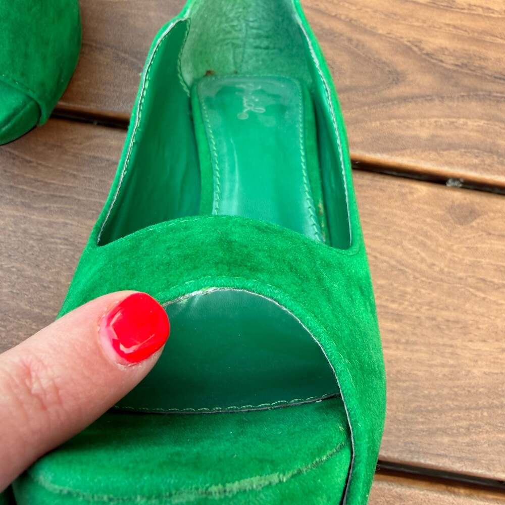 New Y2K Qupid Peep Toe Platform Stiletto Faux Suede Pumps Green Size 8.5 - Picture 10 of 13